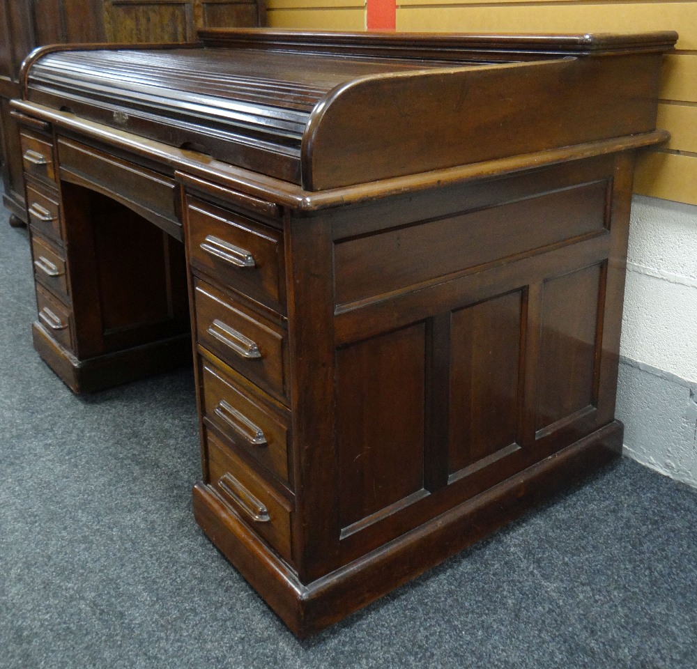 A roll-top desk with low tambour, four single drawers to left bank, three single and one double - Image 2 of 5