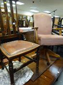 A modern pink dralon upholstered office chair together with a splat back & carved decorated oak hall