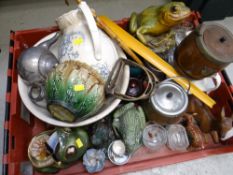 Crate of mixed china including mainly frog ornaments, biscuit barrels etc
