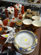 Tray of mixed china including pair of Staffordshire dogs, steins etc