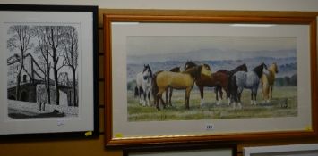 Two framed prints AFTER C F TUNNICLIFFE - standing horses & the Menai Suspension Bridge