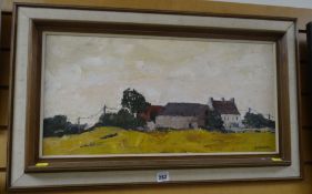 Framed oil on board - white washed farm & buildings, signed G Roberts