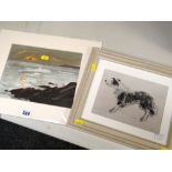 SIR KYFFIN WILLIAMS RA framed print of a sheep dog together with another framed print of a coastal