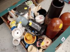 Box of mixed china & wooden ornaments, jugs etc