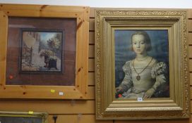 Gilt framed print of a seated young girl in Victorian dress together with a framed print of a