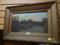 A framed oil on canvas of a riverside scene, signed R ALLAM