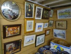 Mixed selection of framed pictures and prints and a gilt framed circular wall mirror