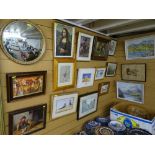 Mixed selection of framed pictures and prints and a gilt framed circular wall mirror