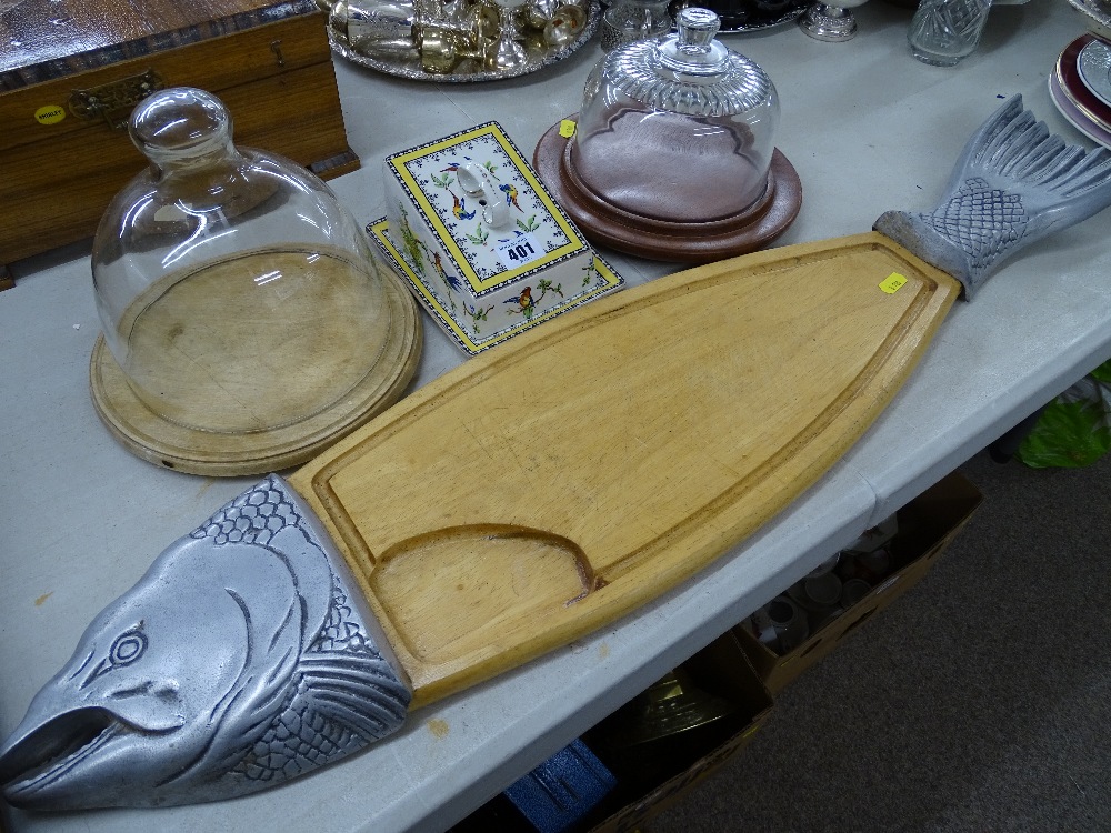 Large wood and metal salmon platter, two glass cheese domes on wooden bases and a pottery example
