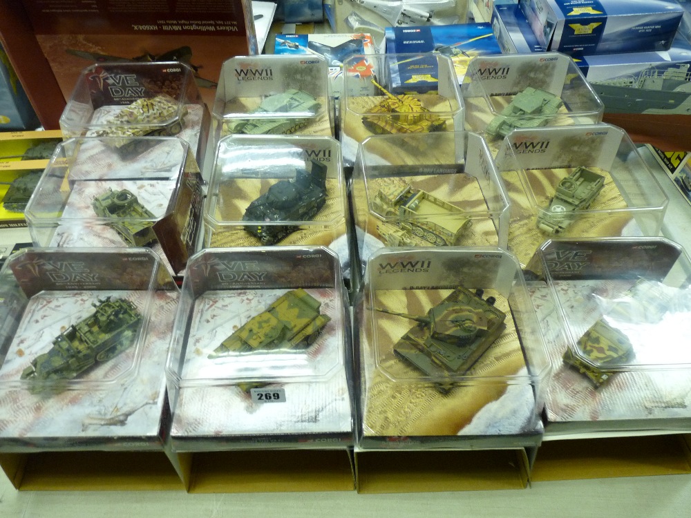 Twelve Corgi diecast wartime tanks and vehicles for the 'World War II Legends' series, 'VE Day'