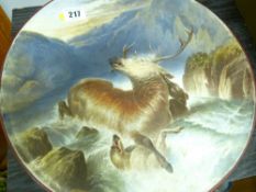 Hand painted porcelain plaque of wolves and deer fighting by a river, signed W Wright