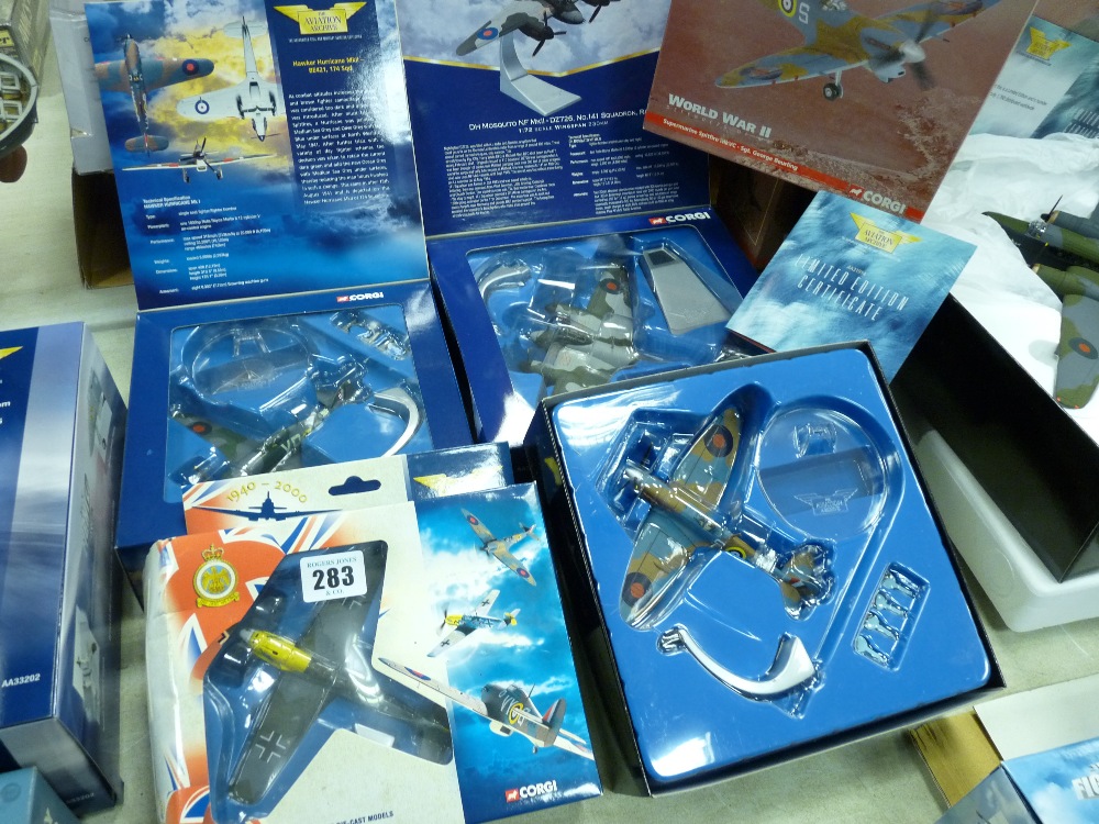 Four boxed Corgi diecast planes from The Aviation Archive including a Messerschmitt 109E, a DH