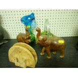 Pair of treen elephants, art glassware etc