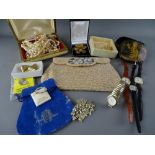 Vintage beadwork clutch bag, quantity of costume jewellery and wristwatches etc