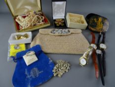 Vintage beadwork clutch bag, quantity of costume jewellery and wristwatches etc