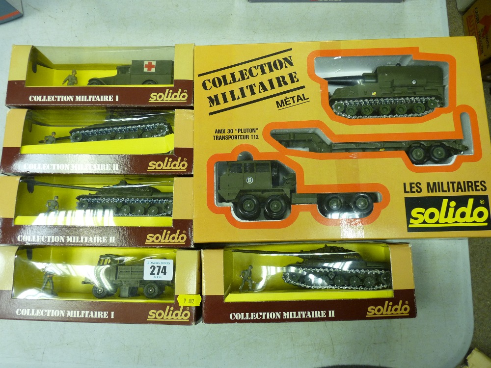 Solido boxed diecast military vehicles including an AMX 30 Pluton transporter, three AMX 30 tanks