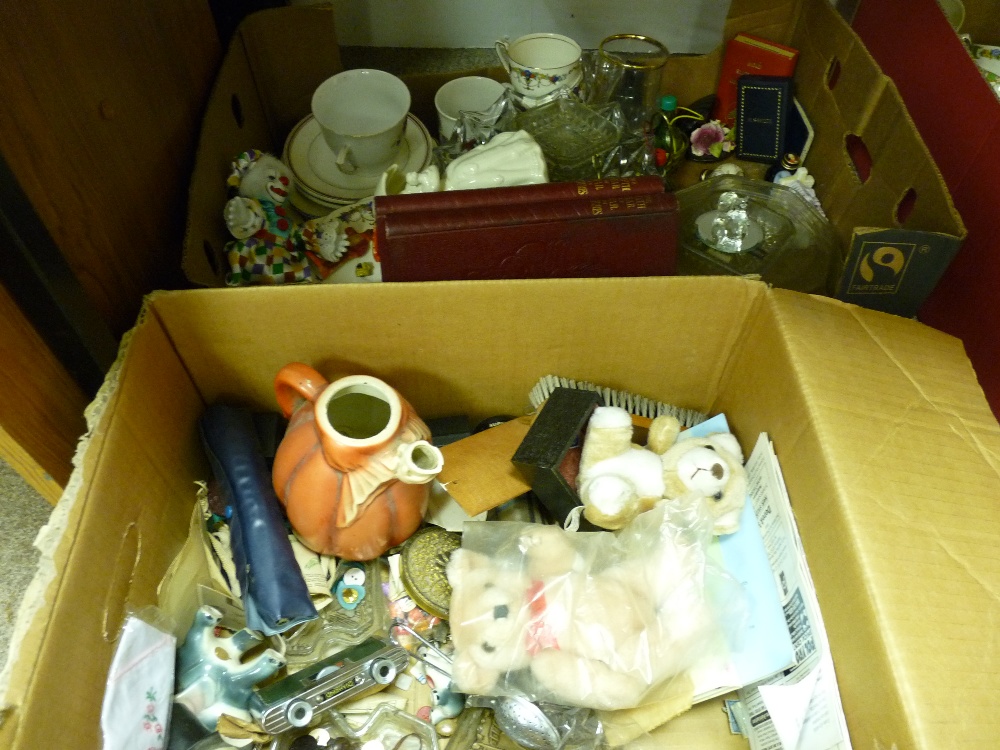 Two boxes of miscellaneous items including china, glassware, soft toys, books etc