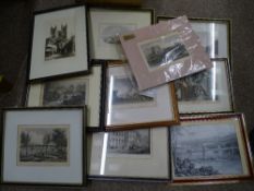 Quantity of predominantly framed antique prints, various views including Wales