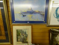 MARGARET HURD framed watercolour study of country house steps and a modern framed print of Venice