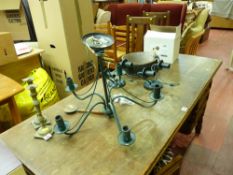 Pair of brass candlesticks, metallic ceiling and wall lamps etc
