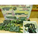 Group of unboxed military type vehicles by Corgi, Matchbox etc and a boxed Rocket Force set,