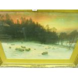 FARQUHARSON? large print - sheep grazing in the snow, 49 x 70 cms