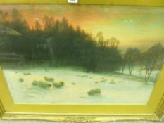 FARQUHARSON? large print - sheep grazing in the snow, 49 x 70 cms