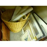 Parcel of shipping type maps, other prints, wicker basket etc