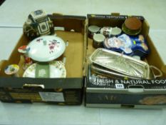 Two boxes of mixed porcelain, electroplate, kitchenware etc