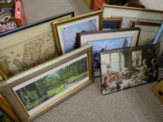 Quantity of framed pictures and prints including a reproduction map of Scotland