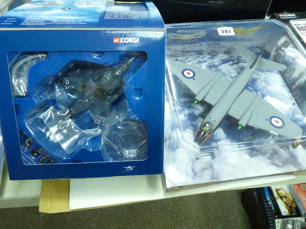 Two Corgi diecast airplanes from The Aviation Archive including a Harrier GR.1 and an English