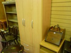 Modern light wood and chrome effect wardrobe and a similar narrow chest of three drawers