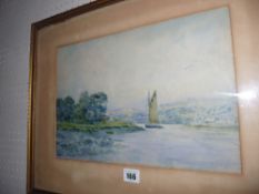 PHIL OSMENT watercolour - river scene with boats, 25 x 36 cms