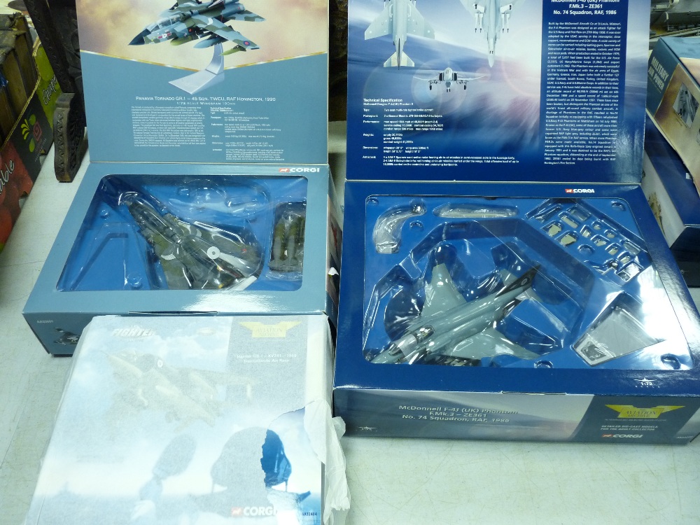 Three boxed Corgi diecast planes from The Aviation Archive including a Harrier GR.1, a McDonnell F-