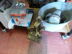 Parcel of miscellaneous items including galvanized bath, lamps, drill stand etc