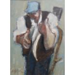 WILL ROBERTS oil on canvas - farmer sharpening his scythe, signed with initials, 39 x 29cms