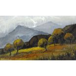 WILF ROBERTS oil on linen - North Wales mountainous landscape entitled verso 'Autumn Snowdonia' on