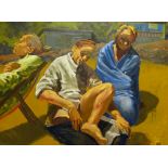 KEVIN SINNOTT oil on canvas - large exhibition quality scene with three figures relaxing on the