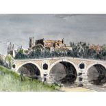 SIR KYFFIN WILLIAMS RA watercolour & pencil - historic French bridge & town, entitled verso '