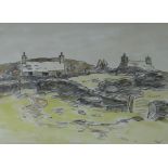 SIR KYFFIN WILLIAMS RA watercolour and pencil - two upland Snowdonia cottages behind dry-stone