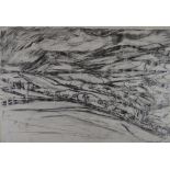 PETER PRENDERGAST pencil drawing - mountainous landscape with buildings and farmland, signed and