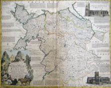 EMANUEL BOWEN coloured antiquarian map - 'Six Counties of North Wales...' with views of Bangor and