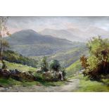 ROBERT FOWLER (1853-1926) oil on canvas - Snowdonia landscape with sheep, entitled verso 'Towards