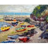 DAVID GRIFFITHS oil on board - bright colourful boat scene, entitled verso 'Boats at Abersoch',