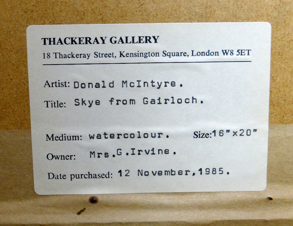 DONALD McINTYRE watercolour - Scottish coast, entitled on Thackeray Gallery label verso 'Skye from - Image 2 of 2