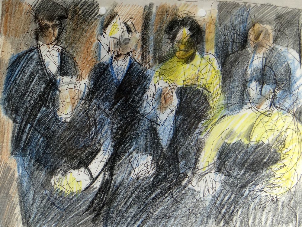 JOHN UZZELL EDWARDS mixed media - group of seven people entitled verso 'Family Group', 19 x 25cms