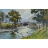 WARREN WILLIAMS ARCA watercolour - Snowdonia river with historic bridge, signed lower right, 29 x