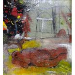 PAUL REES FRSA mixed media on panel - semi-abstract church yard scene with reclining figure,