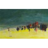 DONALD McINTYRE acrylic & oil on board - figures at the beach, entitled verso 'Beach Scene III' with