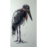 SIR KYFFIN WILLIAMS RA pen wash & oil on paper - depicting standing Malibu stork, signed initials